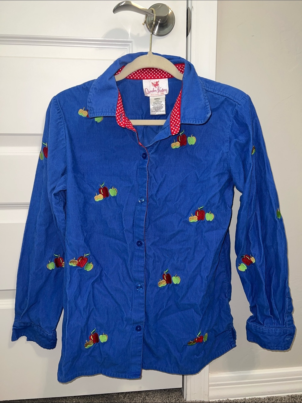 VINTAGE 90s Teacher Blue Corduroy Button-Up Shirt with Apple Embroidery